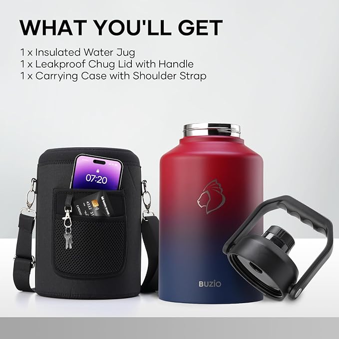 BUZIO One Gallon Water Bottle Insulated, (Cold for 48 Hrs) 128oz Water Jug Large Stainless Steel, 3.58in Big Wide Mouth Leak Proof Metal Flask with Carrying Sleeve for Camping,Gym,Travel, Black Red