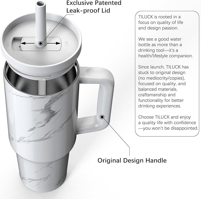 TILUCK 40 oz Tumbler with Handle, Vacuum Insulated Stainless Steel Travel Mug with 100% Leak-Proof Silicone Straw Lid, Cupholder Friendly Water Bottle(Marble, 40oz)