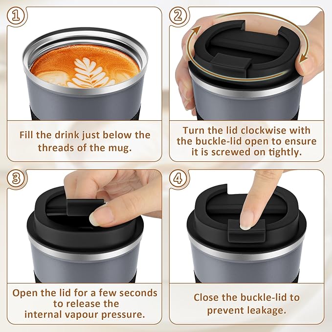 KETIEE Travel Coffee Mug Spill Proof 12oz, Insulated Reusable Coffee Cups with Seal Lid, Vacuum Stainless Steel Travel Mug to Go Car Tumbler for Hot/Ice Drinks (Grey)