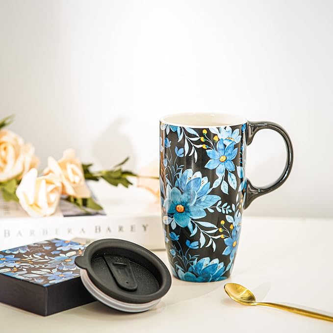 Topadorn Ceramic Mug Blue Flower Porcelain Coffee Mug with Gift Box,17oz. Blue Flower