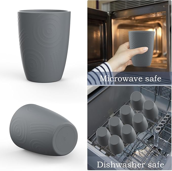 Wheat Straw Cups 8 PCS Good Alternative to Plastic Reusable Cups 12 oz Unbreakable Drinking Cup Reusable Dishwasher Safe Water Plastic Glasses Grey