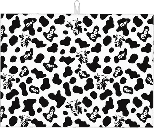 Black White Dish Drying Mat for Kitchen Counter 18"x24" Cow Print Dishes Pad Dish Drainer Rack Mats Microfiber Washable Absorbent Kitchen Decor