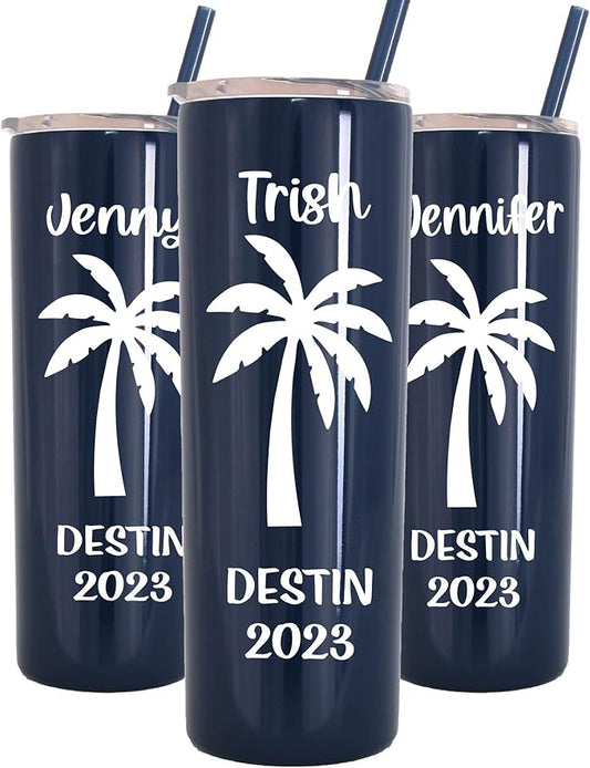 AVITO Personalized Palm Tree Tumbler - 20 oz Navy Blue Tumbler - Includes Straw and Lid with Straw Opening - Vacuum Insulated - Stainless Steel