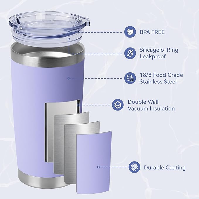 HASLE OUTFITTERS 20oz Stainless Steel Tumblers Bulk, Insulated Travel Cup with Lid, Double Wall Vacuum Coffee Mug for Cold & Hot Drinks 8 Pack, Light Purple