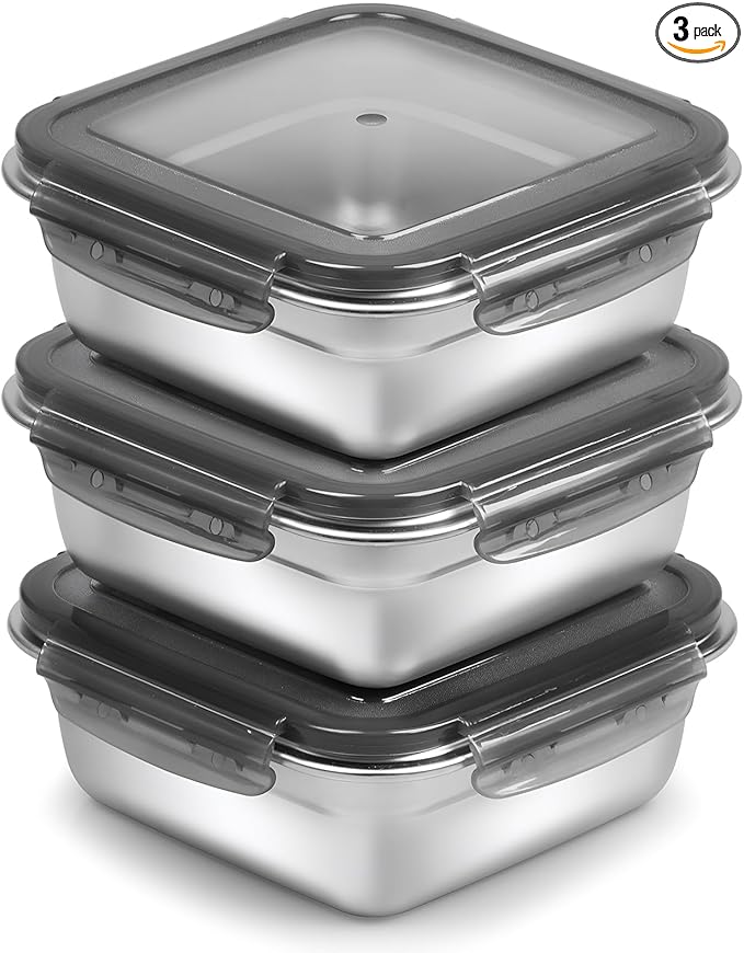 3 Pack Sandwich Containers, 24oz Stainless Steel Sandwich Box with Airtight Lids, Reusable Metal Meal Prep Lunch Boxes, BPA-Free, Dishwasher Safe, Food Storage Containers for Families (Black)
