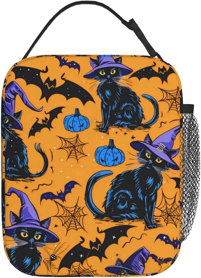 Witchy Cat Polyester Lunch Box for Kids Teen,Gothic Reusable Thermal Lunch Bag for Adult Women,Goth Bat Insulated Tote Cooler Bags for School,Work,Picnic,Travel,Halloween Design
