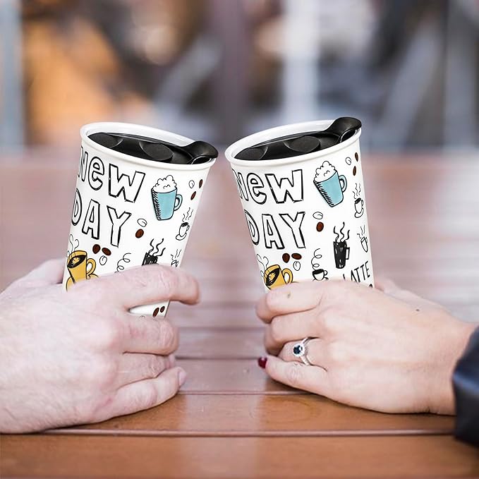 Ceramic Travel Coffee Mug, 12 oz, Portable, Travel Mug with Lid, Double Wall Tall Cup, To Go Tumbler for Car Cup Holder, Splash Resistant Lid, Dishwasher Safe, Gifts for Women Men Her Him (New Day)