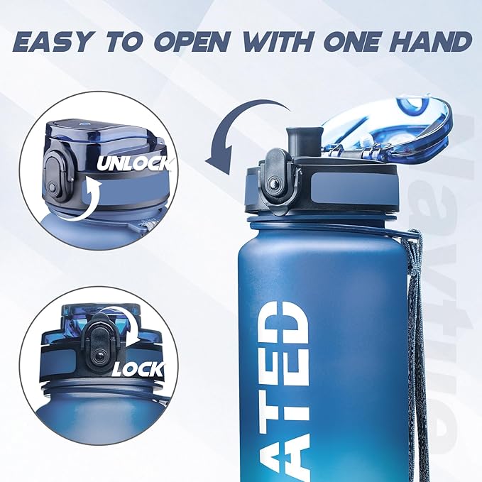 Water Bottle, 32oz Sports Water Bottles with Time Marker Wide Mouth, Motivational and Leakproof Drink Bottle, BPA Free Tritan with Carry Strap for Gym Fitness Outdoor (Direct Drink 1 Bottle)