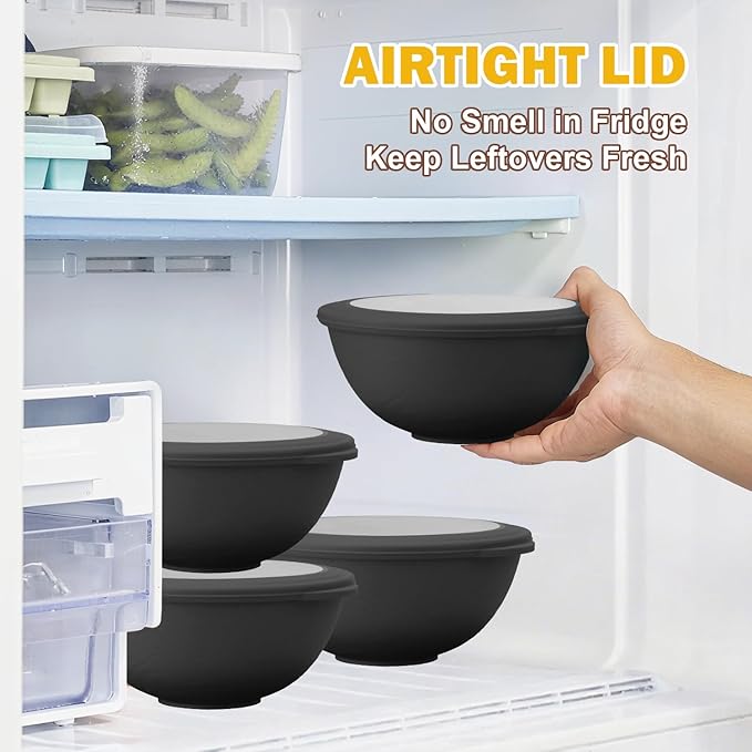 40 OZ Unbreakable Cereal Bowls with Lids, Wheat Straw Bowls Set of 4 with Unique Pattern, Reusable Plastic Bowl for Cereal, Soup, Salad and Ramen, Indoor & Outdoor Essentials, Black