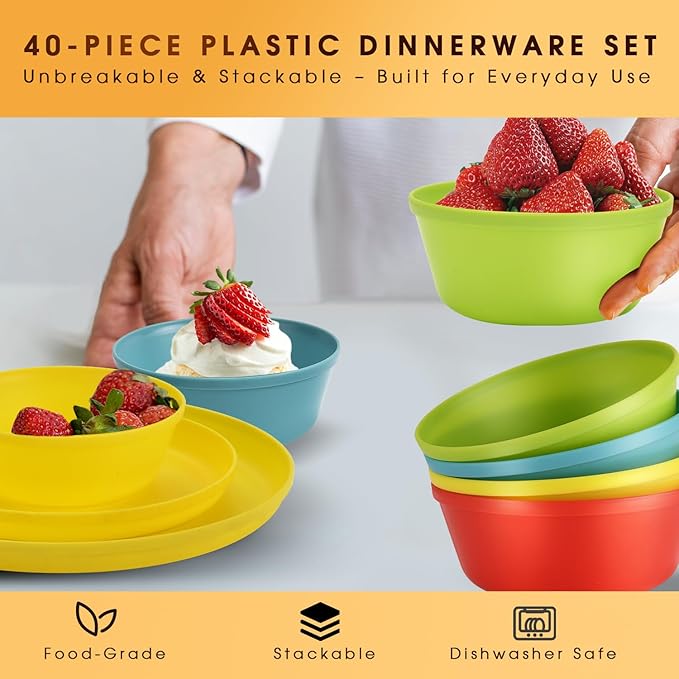 Tropical Plastic Dinnerware Set – 40-Piece Colorful Unbreakable Plates & Bowls for 8 with Cups, Forks, Knives, Spoons – Reusable Kids Dishes for Party, Camping, Picnic, Daily Use