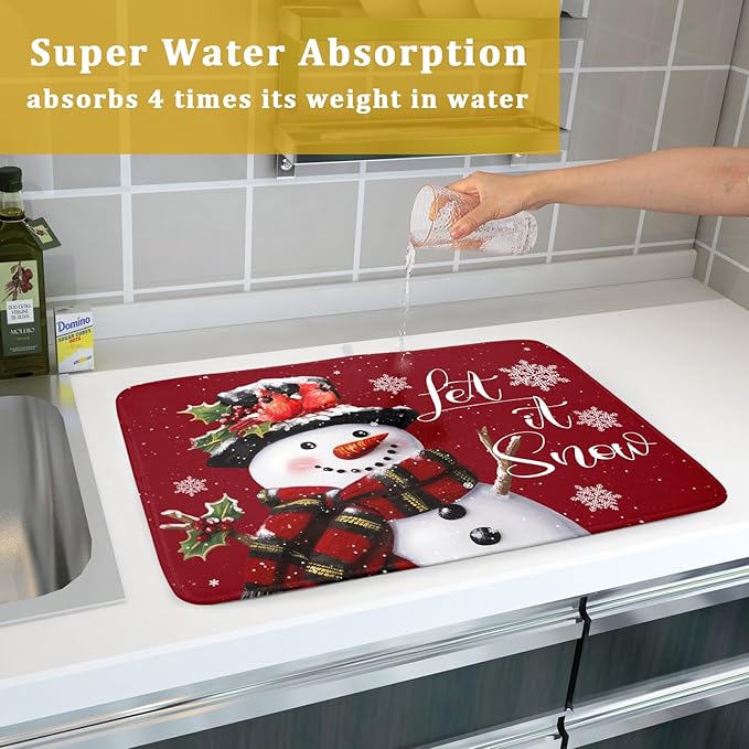 Christmas Dish Drying Mat for Kitchen Counter Snowman Let It Snow Microfiber Absorbent Dish Draining Reusable Washable Foldable Extra Large 18"x24"