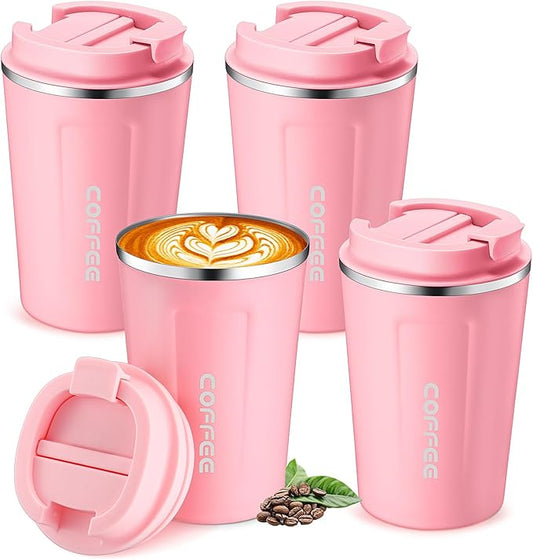Sieral 4 Pcs 13 oz Travel Coffee Mug Insulated Reusable Coffee Cups with Leakproof Lid Stainless Steel Portable Tumbler for Keep Hot or Ice Milk Tea(Pink)
