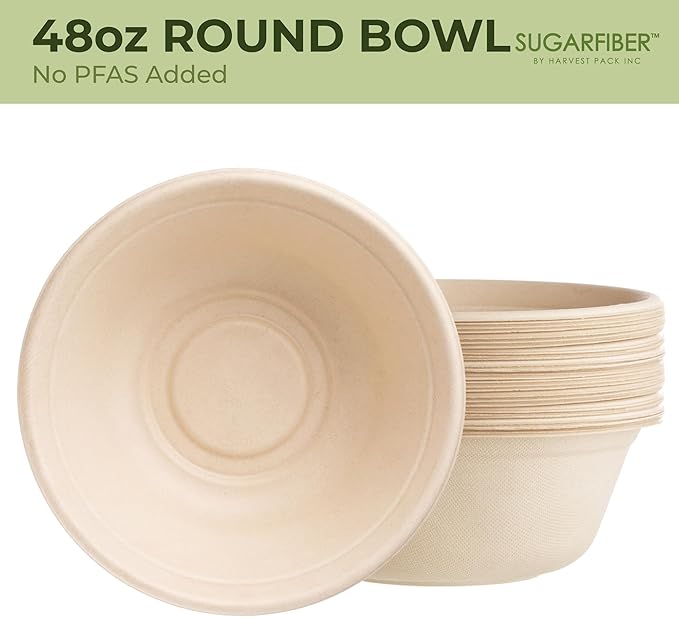 [500 COUNT]Harvest Pack PFAS FREE 48oz Round Paper Bowls with Dome Lids - Compostable Heavy-Duty Eco-Friendly Disposable Bagasse Large Bowls Sugarcane made plant fibers for Meal Prep Soup