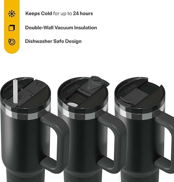 RTIC 30 oz Road Trip Tumbler Double-Walled Ceramic Lined InsulatedStainless Steel Portable Travel Coffee Mug Cup with Lid, Handle and Straw, Black