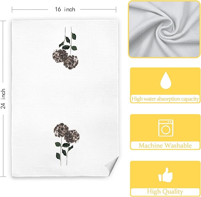 Black Hydrangea Flowers Floral Kitchen Towels Set of 2, Hydrangea Decorative Hand Towels for Bathroom Decor Dish Towels for Kitchen, Black and White Towels, Hydrangea Gifts, 16x24 inch