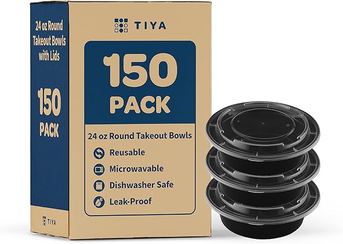 TIYA Food Containers – 24 oz Bulk 150 Pack with Lids – Plastic Food Storage To-Go Round Bowls – Reusable, Microwavable, Dishwasher Safe – Leak-Proof and Great for Meal Prep – BPA-Free
