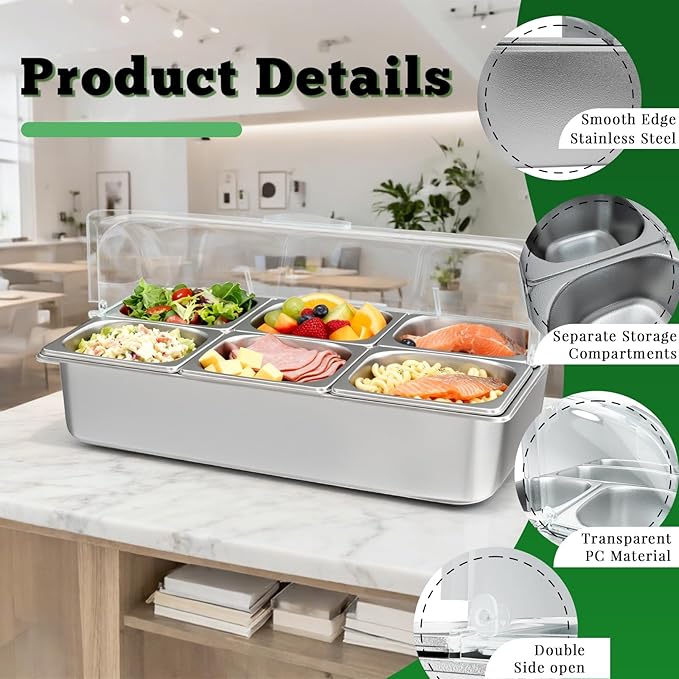 Stainless Steel Countertop Food Serving Display Container with Clear Roll Top Cover - Ice Food Serving Tray for Buffet, Restaurant, Kitchen, or Party(6 Pans)