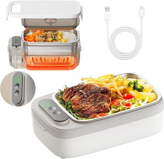 VVU&CCO Electric Lunch Box For Adults, 18W Heated Lunch Box for Men, 1L Stainless Steel, Portable Food Warmer for Office/Picnic/Car/Truck/Work, 7 Timer Self-Heating, No Waiting for Lunch