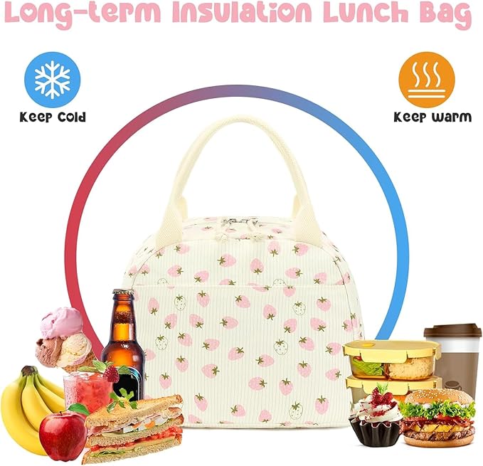 Bluboon Lunch Bag for Women Men Cute Corduroy Lunch Tote Bags Reusable Insulated Lunch Box Large Capacity Reusable Insulated Cooler for Work Picnic or Travel (Beige strawberry)