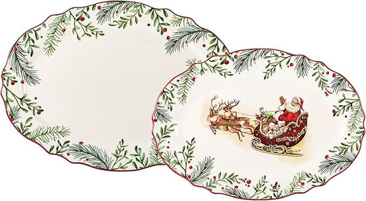 Bico Santa On The Way 16 plus 14 inch Scalloped Oval Platters Set, Set of 2, Microwave and Dishwasher Safe, for Serving Fish, Chicken, Turkey