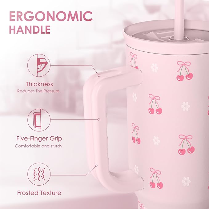 Cherry 40oz Slider Tumbler with Handle and Straw - Insulated Stainless Steel Travel Coffee Mug for Women Girls, Gift for Birthday Christmas
