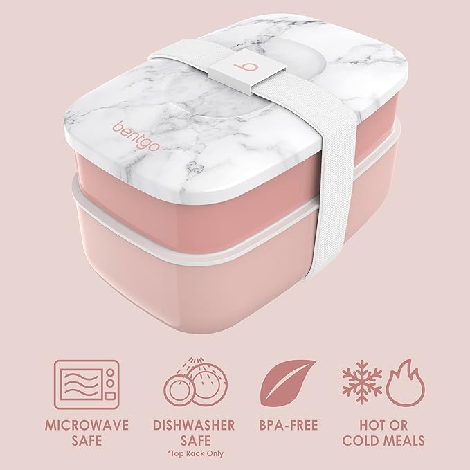 Bentgo Classic - Adult Bento Box, Stackable 3-Compartment Lunch Box with Removable Utensil Set and Sealing Strap, BPA-Free, Food Container Ideal for Meal Prep, Work, and On the Go (Blush Marble)