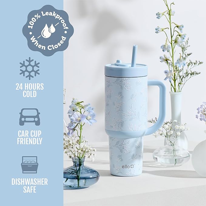 Ello Oasis 40 oz Tumbler with Handle & Retracting Straw | Reusable Insulated Stainless Steel Cup 100% Leakproof, Gifts for Teens Women Men | Keeps cold for 24 Hours, Cup Holder Friendly, Sweet Alyssum