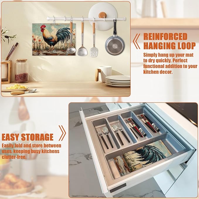 Vintage Rooster Dish Drying Mat for Kitchen Counter Microfiber Absorbent Dish Kitchen Drying Mat Draining Reusable Washable for Dishes/Utensils/Counterto