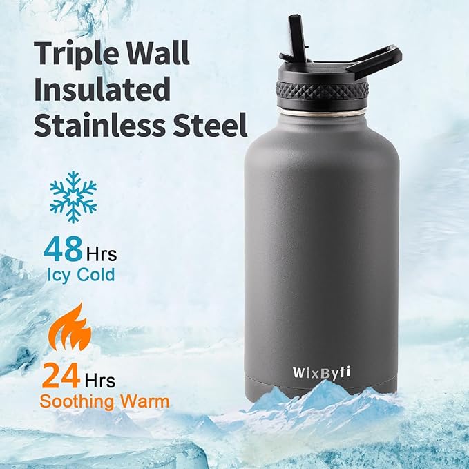 64 oz Insulated Water Bottle with Straw (Cold for 48 Hrs), Half Gallon Stainless Steel Triple Wall Vacuum Sports Water Jug, Leakproof Hydro Cup Flask with Straw Spout Lids & DIY Stickers
