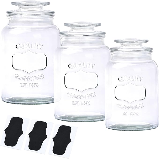 WHOLE HOUSEWARES Glass Canisters with Airtight Lids Set of 3 - Glass Storage Jars for Candy, Cookie, Flour, Sugar, Coffee - Sealed Food Storage for Pantry - Clear Containers for Kitchen Counter