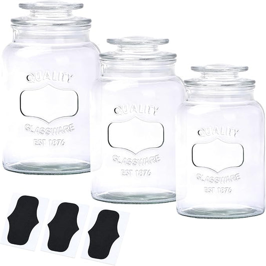 WHOLE HOUSEWARES Glass Canisters with Airtight Lids Set of 3 - Glass Storage Jars for Candy, Cookie, Flour, Sugar, Coffee - Sealed Food Storage for Pantry - Clear Containers for Kitchen Counter