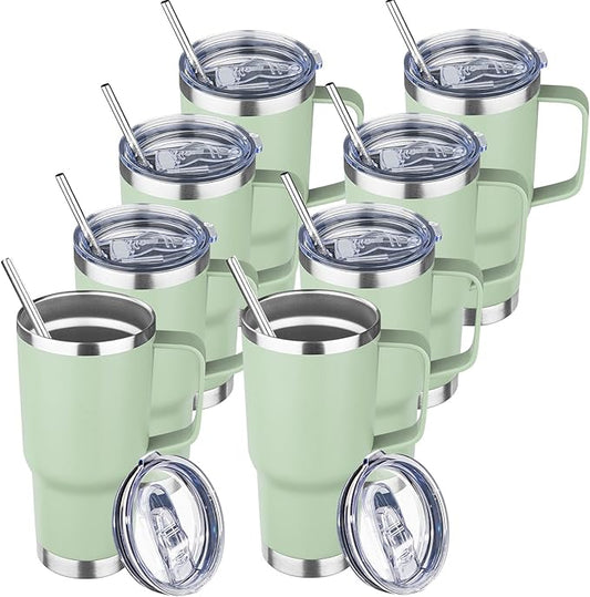 20 oz Tumbler with Handle Stainless Steel Insulated Coffee Tumbler with Lid and Straw Double Wall Vacuum Insulated Coffee Mug Leak Proof Travel Mug Tumbler for Hot and Cold Drink (Green Tea,8pack)