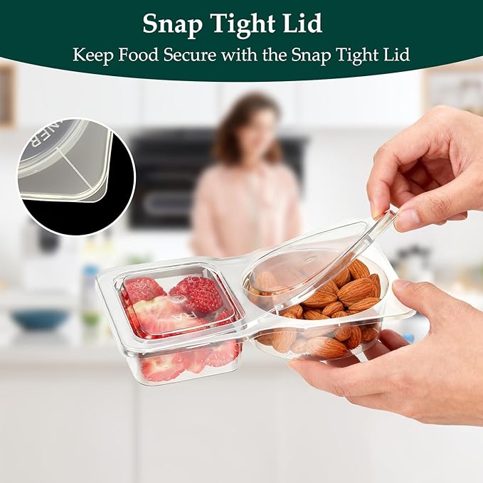 QCQHDU Snack Containers with Lids, 4.4 oz Small Plastic Snack Boxes 2 Compartments for Portion Control and Meal Prep Lunch Food Sauce Containers for On-the-Go Meal, Camping, Travel, Office, 20 Sets