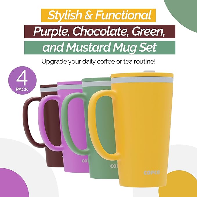 Copco Cone Desk Mug, 16 Ounce (Set of 4) - Double Wall Insulated Mug Set with Lid and Handle, Microwave & Dishwasher Safe, BPA-Free Mug, Desk-Friendly & Car Cup Holder Compatible (Assorted Colors)
