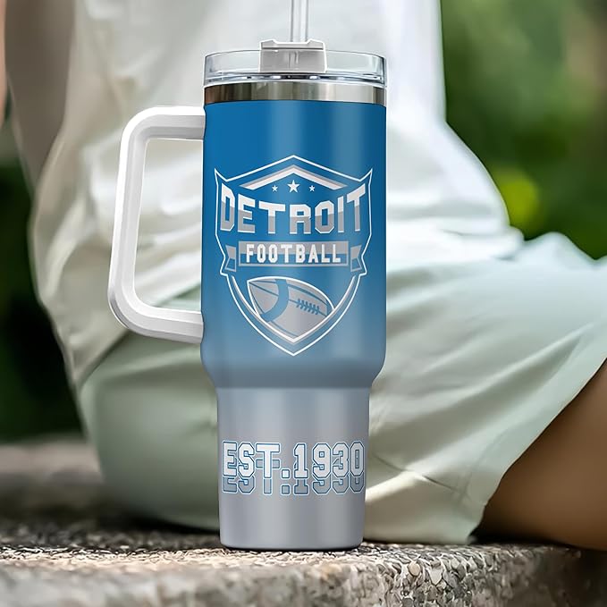 Personalized Football Tumbler with Handle & Straw, 40oz Stainless Steel Insulated Travel Mug, Name & Number Cup, Game Day Fan Gift (Detroit Colors)