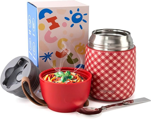 Thermo for Hot Food for Adults Kids | Wide Mouth, 18 oz Insulated Food Jar with Spoon, Leakproof Soup Thermo for School Office Travel, Thermal Steel Lunch Container Easy to Carry (Red)