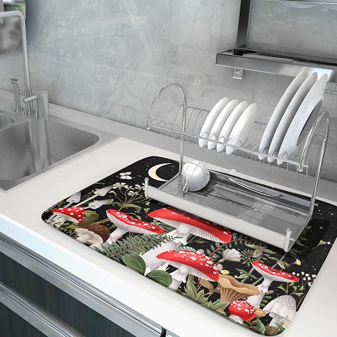 Red Mushroom Dish Drying Mat for Kitchen Counter Plant Leaves Drainer Mats Rack Holder Countertop Absorbent Microfiber Coffee Pads 18x24 Inch