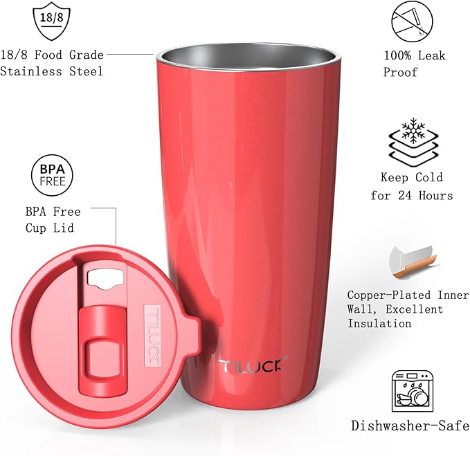 TILUCK 20 oz Tumbler with Leak-Proof Lid, Vacuum Insulated Stainless Steel Coffee Mug, Double-Walled Travel Tumbler for Hot and Cold Drinks(GlitterCoral, 20oz)