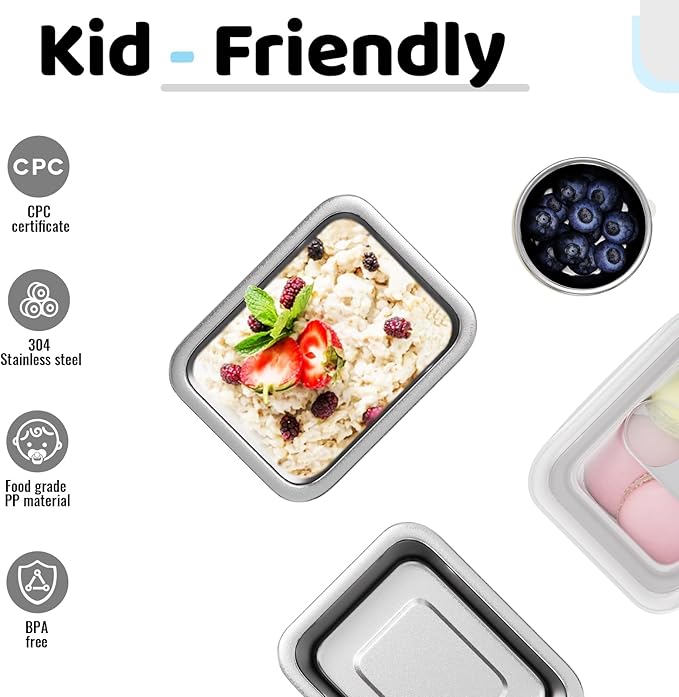 Stainless Steel Snack Box Containers for Kids, 3 Pack 12.8 oz Leak-Proof Microwave-safe Small Food Storage Container with Lid, Metal Compact Bento Lunch Box Container for School Travel