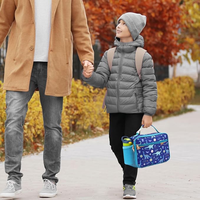 Bagseri Kids Lunch Bag Boys - Insulated Lunch Bag Reusable Leak-Proof Kids Lunch Box for Daycare and School, Blue Space Dinosaur (Water Bottle Not Included)