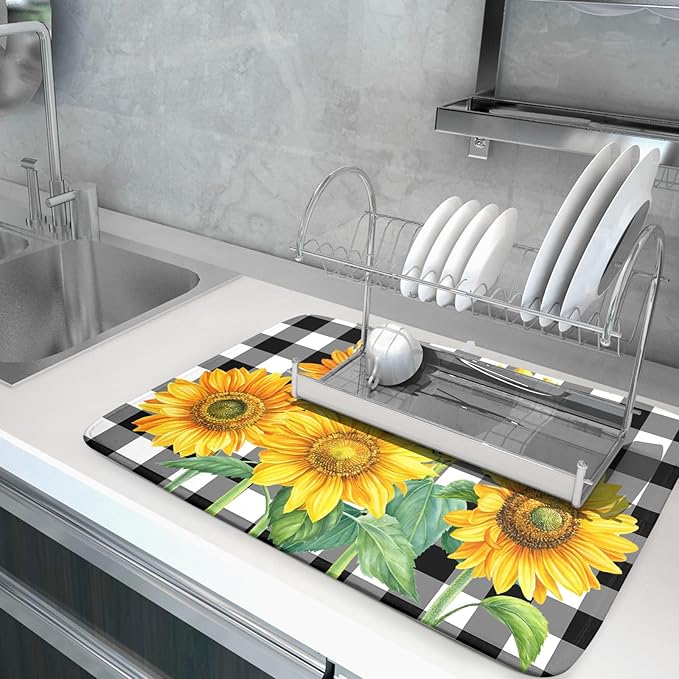 Sunflower Drying Mats for Kitchen Counter 18×24 Inch Black and White Buffalo Plaid Sunflower Large Drying Mat for Dishes Microfiber Dish mat Rack Mat Drainer Pad Washable Absorbent Dry Mat