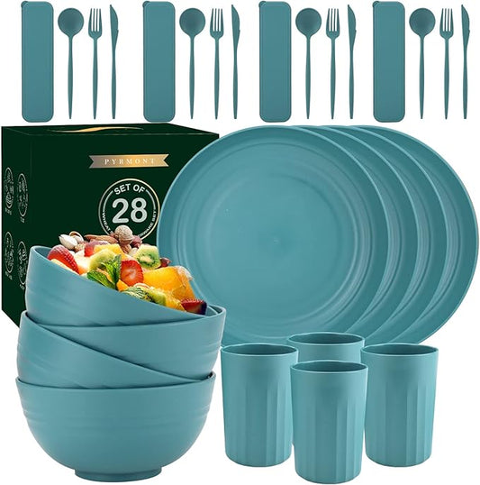 Wheat Straw Plates and Bowls Sets 28 PCS,Chip Resistant Dinnerware Sets for 4,Microwave Safe Dish Sets, Stackable and Lightweight Cup Set, Cutlery Set for Kitchen,Outdoor,Camping(Green)