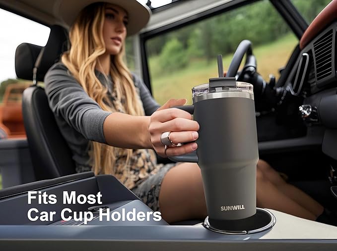 SUNWILL Coffee Tumbler with Handle, 20 oz Travel Mug with Lid and Straw Insulated, Stainless Steel Cup Leak Proof for Travel & Outdoor, Cupholder Friendly, Powder Coated Charcoal