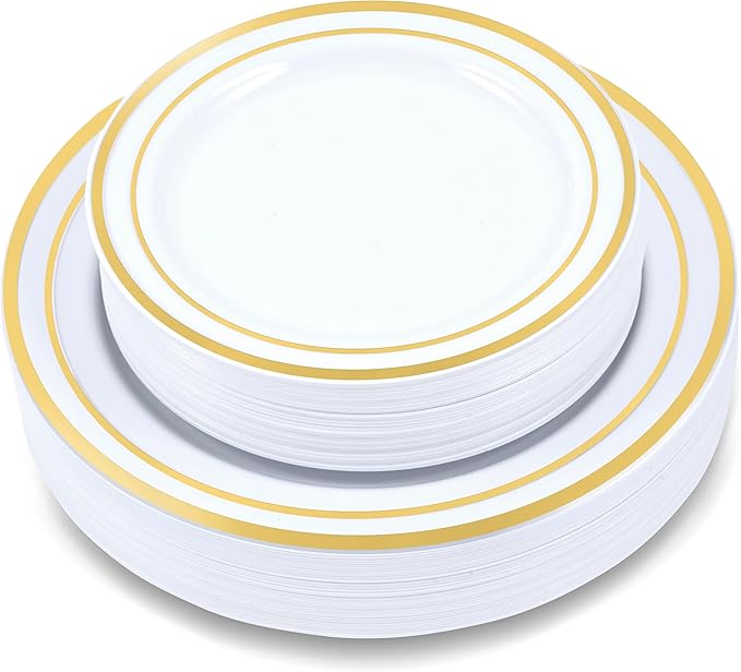 120-Piece Plastic Plates Set - Premium 60 Dinner & 60 Salad Plates, Disposable for Party - White with Gold Rim
