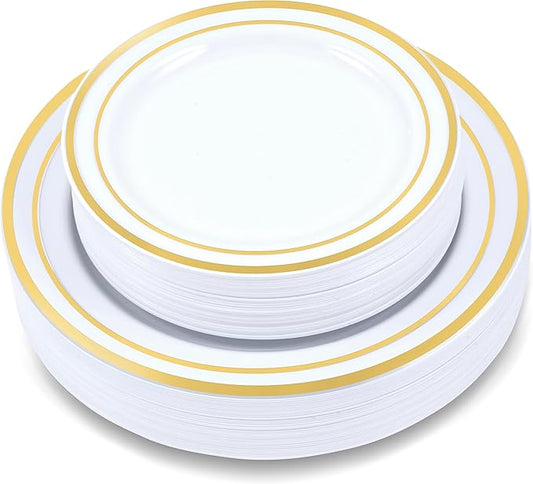 120-Piece Plastic Plates Set - Premium 60 Dinner & 60 Salad Plates, Disposable for Party - White with Gold Rim