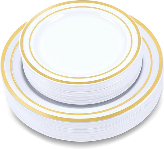 60 Pieces White Plastic Disposable Plates - Premium Heavy-Duty 30 Dinner Plates & 30 Salad Plates with Gold Rim Ideal for Party, Birthday and Special Events