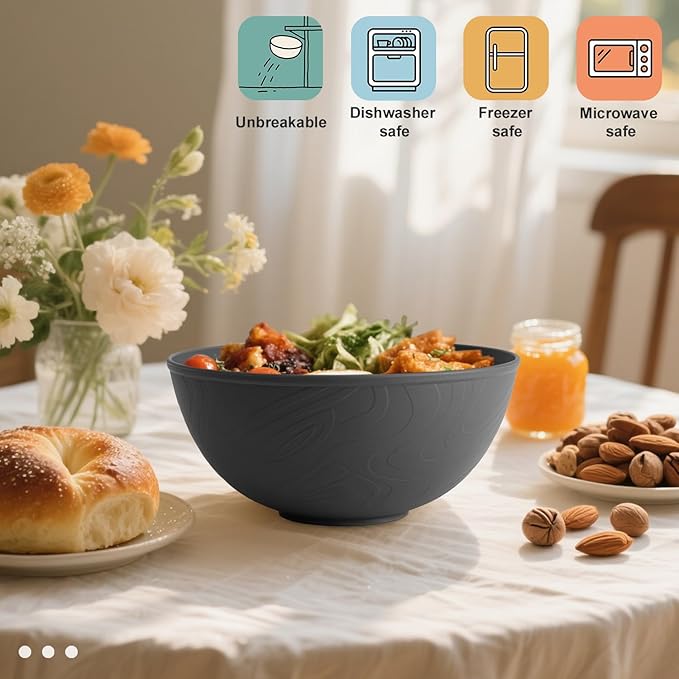 Wrova Black Cereal Bowls 40oz for Cereal Lover,Unbreakable Alternative Plastic Bowls Set of 6,Extra Thick Anti-Scald Bowl Sets suitable for Salad,Soup and Fruit.