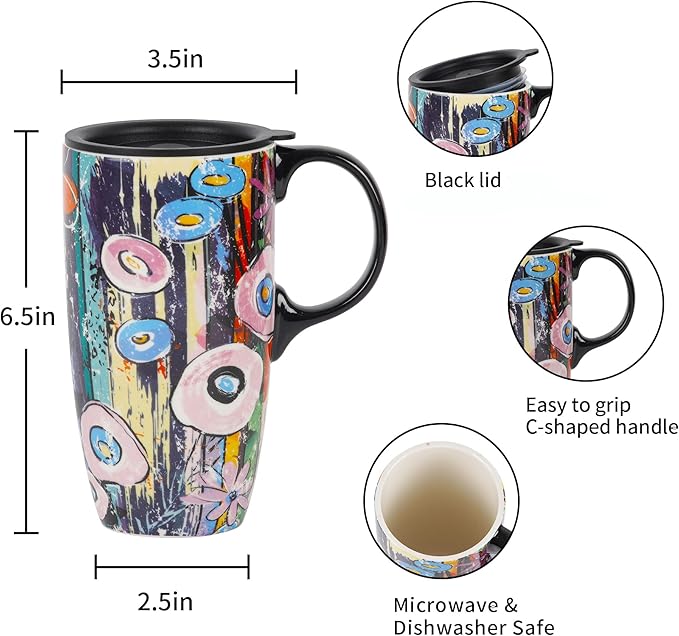 Topadorn Ceramic Travel Mugs Porcelain Latte Tea Cup Coffee Mug with Lid and Handle,17oz. Abstract Garden