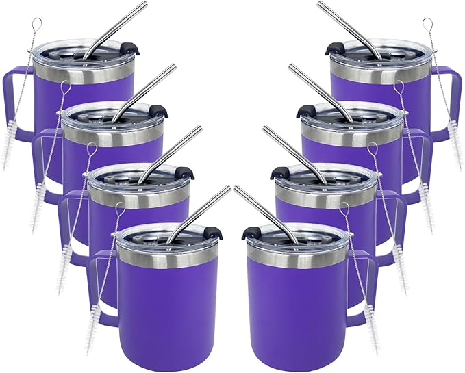 8pack 12oz Coffee Mug With Handle Bulk, Stainless Steel Insulated Travel Tumblers With,Double Wall Vacuum Camping Cup for Hot & Cold Drinks Tea (purple)