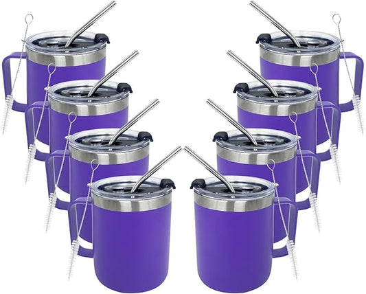 8pack 12oz Coffee Mug With Handle Bulk, Stainless Steel Insulated Travel Tumblers With,Double Wall Vacuum Camping Cup for Hot & Cold Drinks Tea (purple)